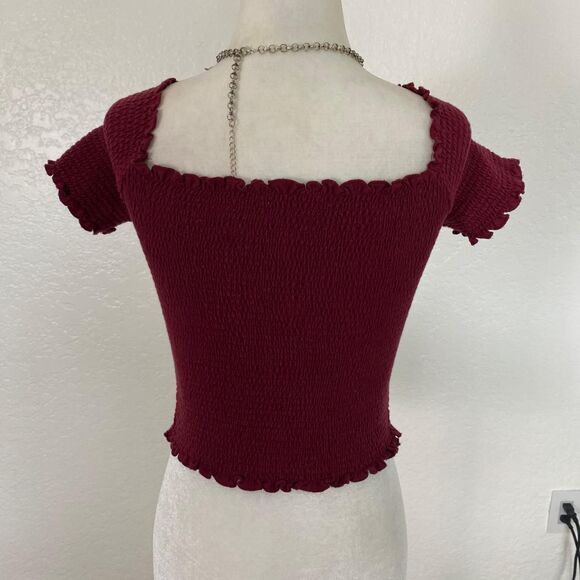 Early 2000s Burgundy Red Cropped Scrunched Criss Cross Crop Top Hollister Size S - Picture 6 of 8